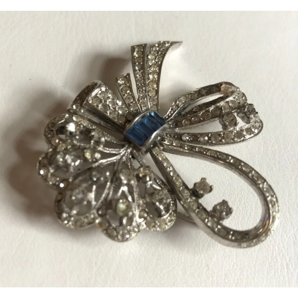 Sterling Silver Bow Brooch Sonia Lee 1940s Art Deco Rhinestone White Blue Vtg